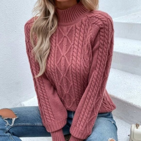 PINK Mock Neck Cable Knit Raglan Sleeve Sweater - Picture 3 of 6